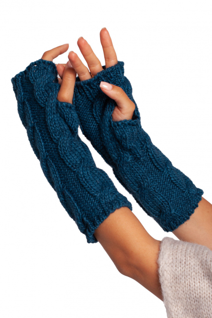 Rękawiczki damskie długie bez palców dzianina swetrowa morski